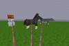 A snow golem, a horse, and a cow on leads