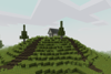 A pleasant grassy hill with a small cabin at the top, and dirt trails leading down either side.