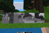 A scene in Minetest game with four in-game photo entities side by side.