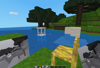 An Xcam photo of a scene in Minetest game with the simple furniture mod and water.