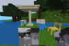 A scene in Minetest game with the simple furniture mod and water and an Xcam photo of the scene.