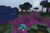 A lush landscape showing a star in the sky and a landed spaceship