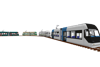 Four differently-livered TLR0600 trams on a curved track on a transparent background