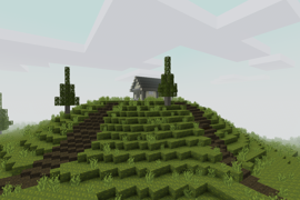 A pleasant grassy hill with a small cabin at the top, and dirt trails leading down either side.