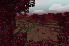 A view from a tree, showing a dirt path running through an eerie red forest.