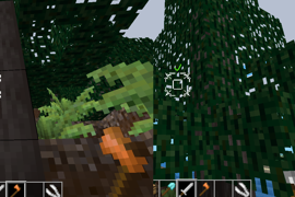 Shows pointing at a tree with an axe, and then pointing at tree leaves with a sword